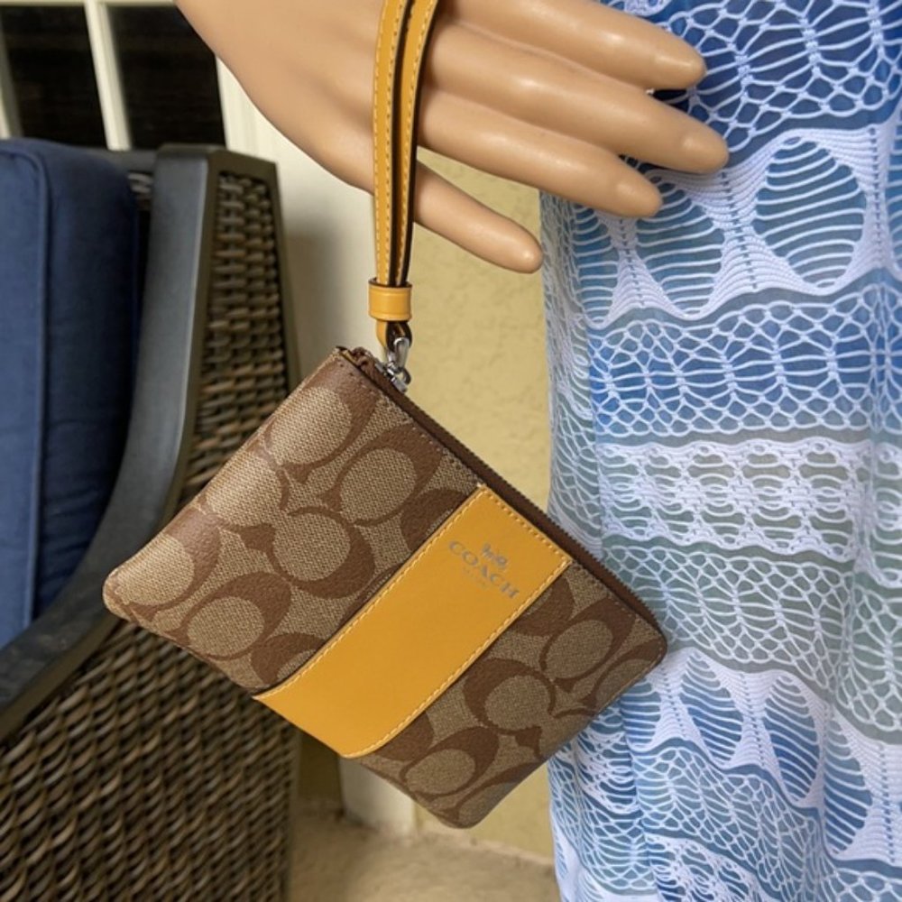 COACH Signature PVC Leather Corner Zip Wristlet - Picture 14 of 16